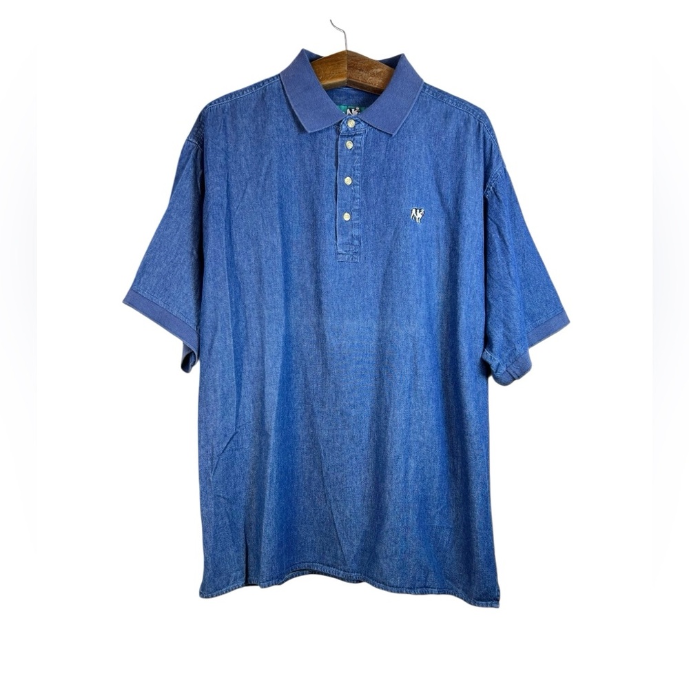Vintage Big Dogs Mens Blue Chambray Polo Shirt Cotton 90s Size XL Preppy